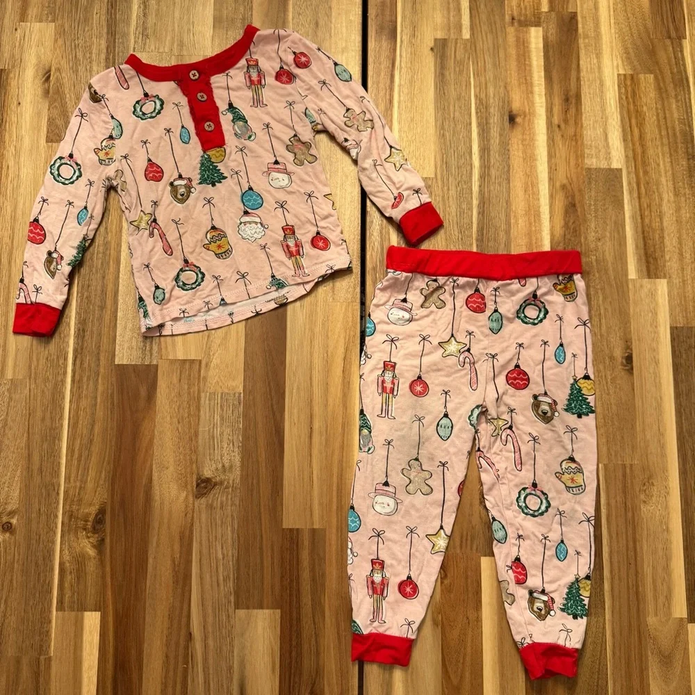 Mud Pie Kids Christmas Pajamas Pink‎ Ornament Print Viscose Bamboo Set 12-18M